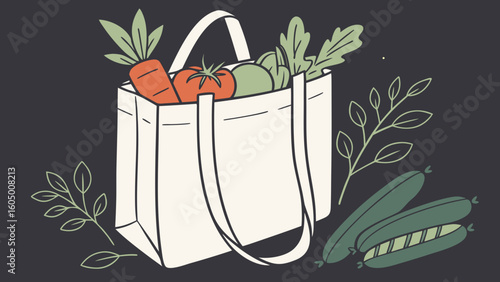 Reusable grocery bag with fresh vegetables healthy eating organic food market produce eco friendly lifestyle one hundred