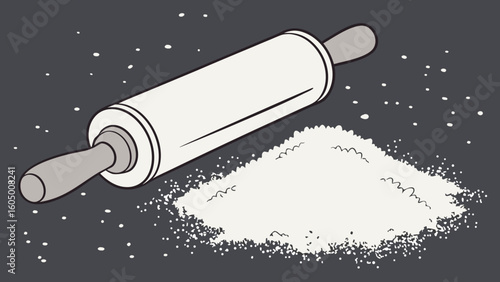 Baking illustration with rolling pin and flour for pastry dough preparation and kitchen utensils art