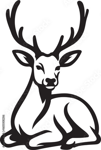 Resting deer silhouette with antlers, Black deer graphic lying down with bold antlers