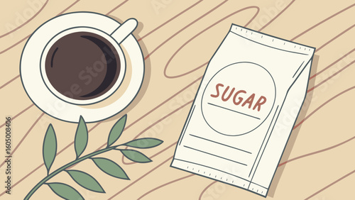 Flat lay coffee cup sugar packet and leaves on wooden table top view for breakfast morning beverage concept