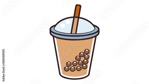 Cartoon bubble tea cup with straw and tapioca pearls  