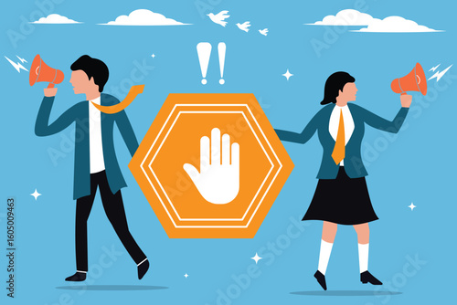 Forbidden warning, prohibition, business man and woman, bad hazard disallow message, false or restriction, danger, business people announce forbidden message with prohibit sign, illegal, ban concept. 