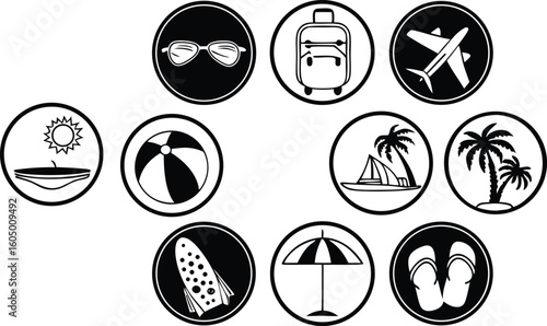 Summer Beach Vacation Icon Set – Palm, Umbrella, Bikini, Sun Hat, Drink, Ball