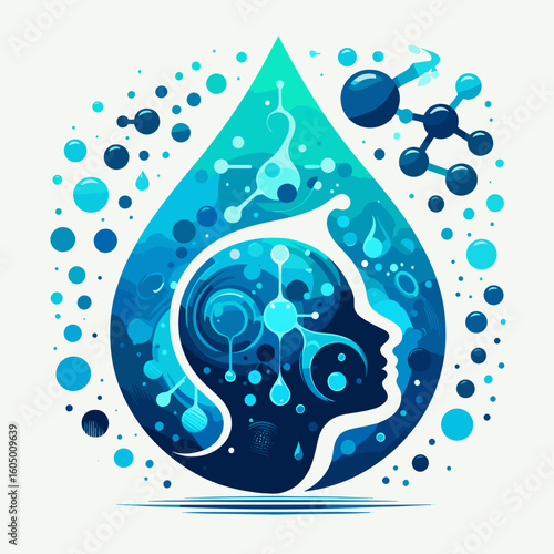 Abstract design of a human head silhouette with blue water drop and molecules on a light background