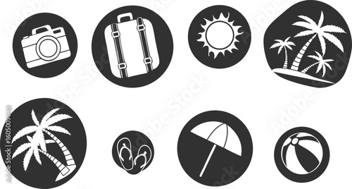 Summer Beach Vacation Icon Set – Palm, Umbrella, Bikini, Sun Hat, Drink, Ball