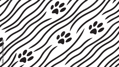 Black and white paw prints on wavy stripes abstract