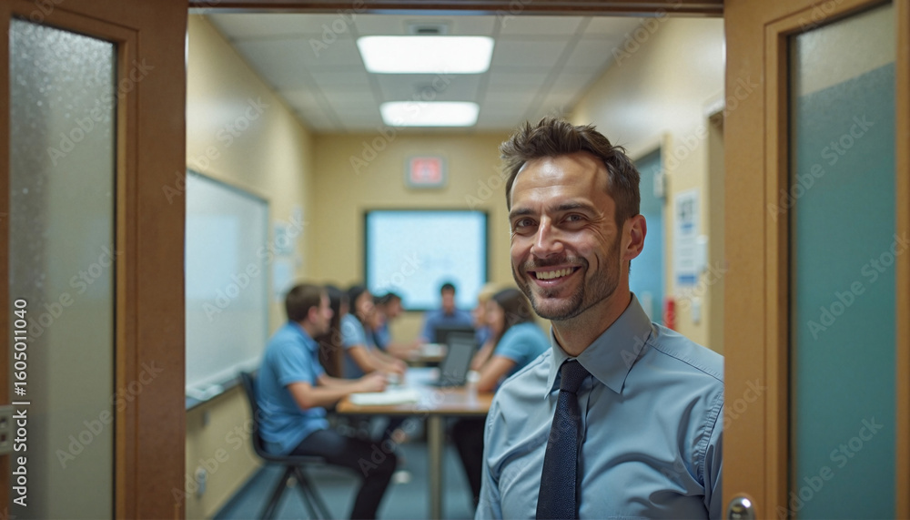 Fototapeta premium Smiling businessman standing in doorway outside team meeting room