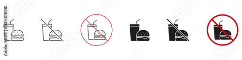 No Fast Food And Drink Icon Set. Healthy Eating, Diet Control, And Nutrition Awareness Symbol Collection. Promoting Balanced Lifestyle And Wellness Choices. Isolated Vector Illustration