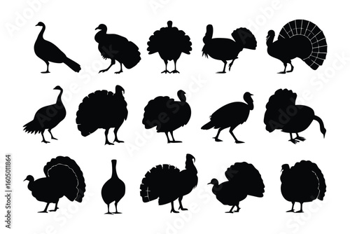 Collection of diverse black silhouette turkey poses showcasing various angles and styles for design and illustration