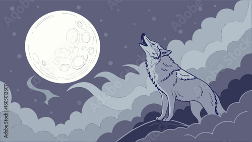 A lone wolf howling at the moon surrounded by clouds in a night sky with scattered stars above him