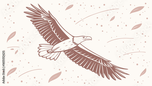 Illustration of an eagle soaring with outstretched wings surrounded by falling leaves and dots