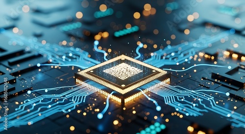 Central processing unit with glowing blue data streams and intricate circuitry on a dark background