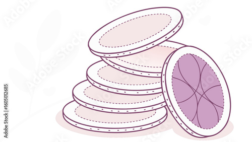 Stack of reusable breast pads with one pad showing inner design and light purple color scheme image