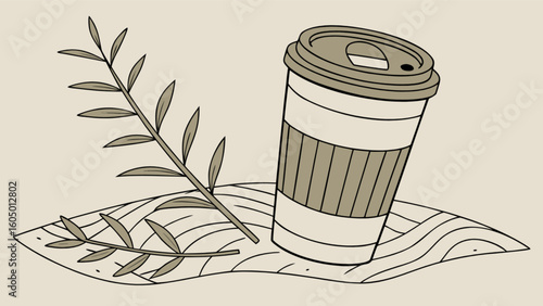 A coffee cup with a lid and a branch with leaves on a surface with wavy lines are displayed here