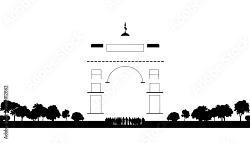 vector line silhouette of india gate in minimalist black and white style