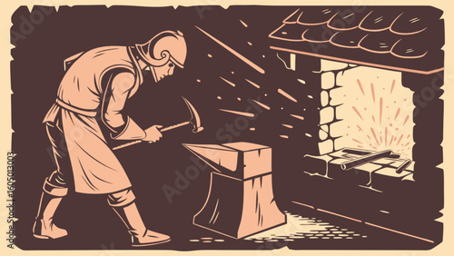 Illustration of a blacksmith hammering metal on an anvil near a furnace in a workshop setting