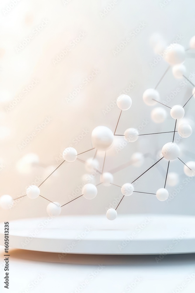 Obraz premium Network of white spheres linked by lines sits on platform. Concept art with neutral colors, relating to 'neural networks'.