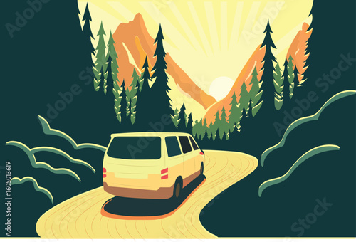 Mountain Road Trip Vector Van Driving Through Scenic Forest Highway at Sunset .eps