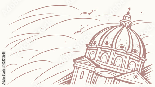 Illustration of a dome building with a cross on top and birds flying in the sky with cloud lines