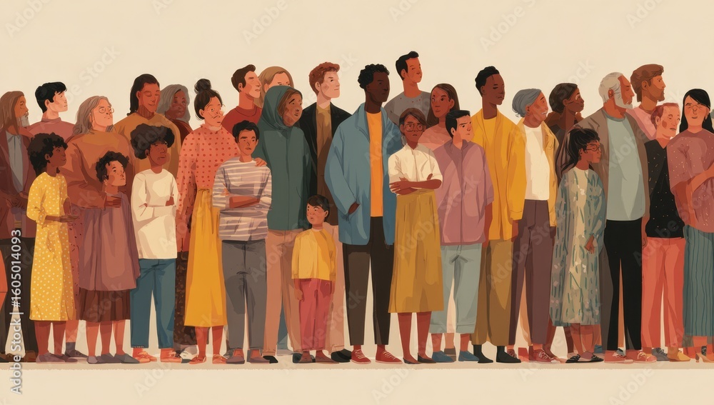 Obraz premium A large group of people from different ethnicities and ages The crowd is diverse, including men women children adults young old middle aged elderly black white brown grey red yellow Generative AI