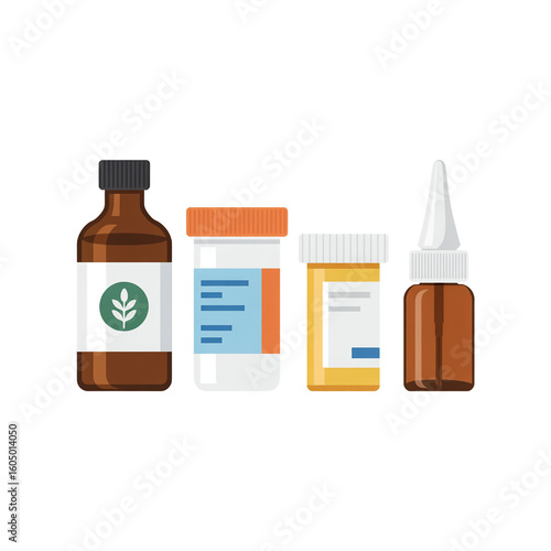 A flat, minimalist illustration of four medical or pharmaceutical containers arranged in a horizontal line against a white background.