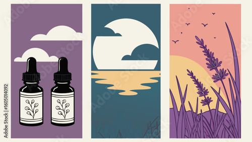 Three panels showing dropper bottles, a sunset over water, and lavender at sunset landscape