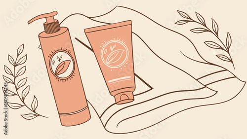 Illustration of lotion bottle and tube with botanical elements on a folded towel surface design