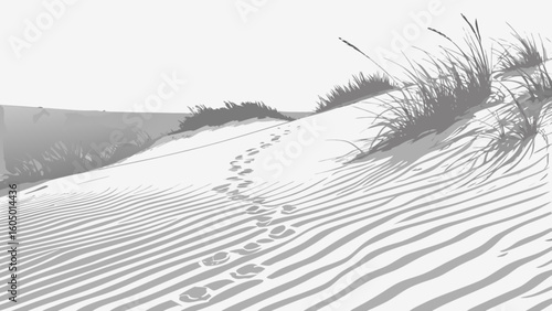 Footprints winding through the sandy dunes with grasses under a bright sky in a grayscale landscape