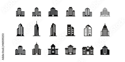 Modern city skyline icons showcase architectural diversity and urban development, perfect for real estate and construction