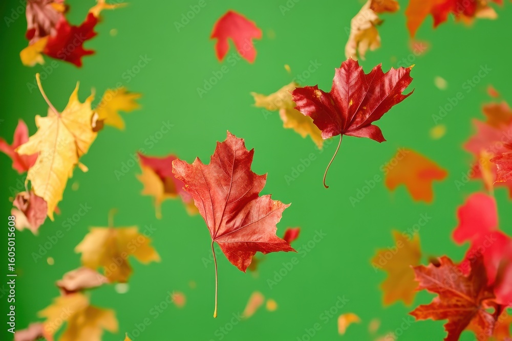 Fototapeta premium Colorful animated autumn leaves swirling through the air against a green background, Animated flying red and yellow autumn leaves on a green screen
