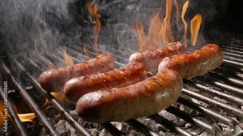 Juicy sausages sizzling on grill with smoke and flames in dark barbecue atmosphere