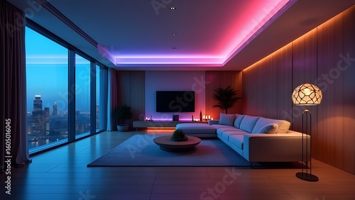 Modern Living Room with LED Strip Lighting and City View