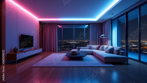 Modern Living Room with Colorful LED Lighting