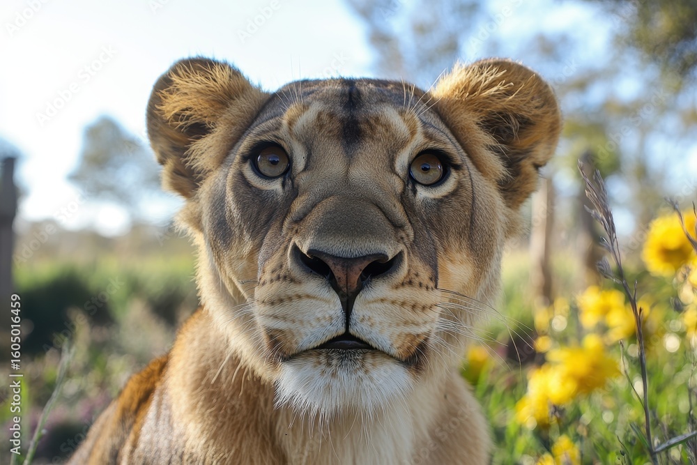 Fototapeta premium Close-up of a lion gazing off camera in a vibrant natural setting during daylight, 4k close up of Lion looking off camera and then turns head to camera