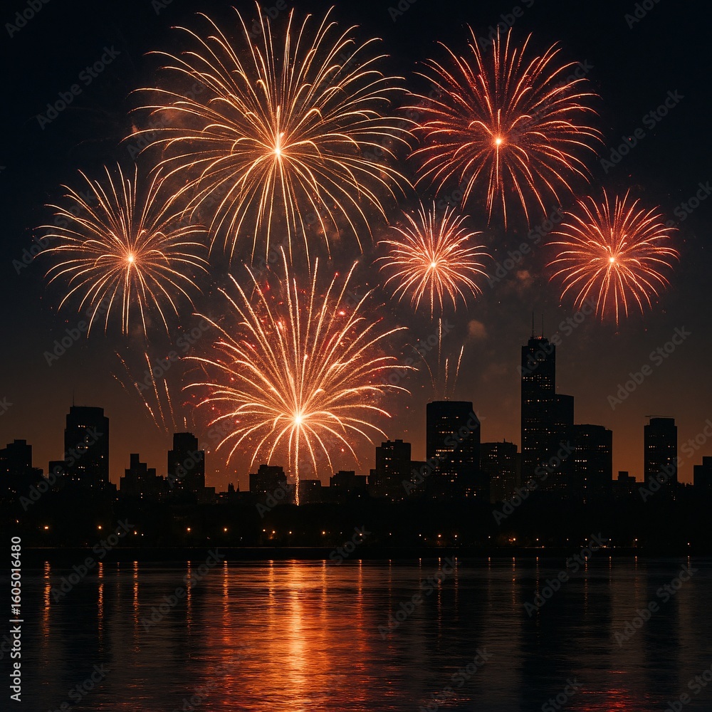 Fototapeta premium New Year’s Eve fireworks exploding over city skyline and reflecting on river water for celebratory season