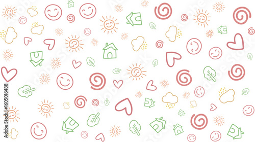 Whimsical Doodle Icons Pattern Background. Featuring Scattered Hearts, Smileys, Houses, Nature, Money, and Weather Symbols for Positive Designs.

