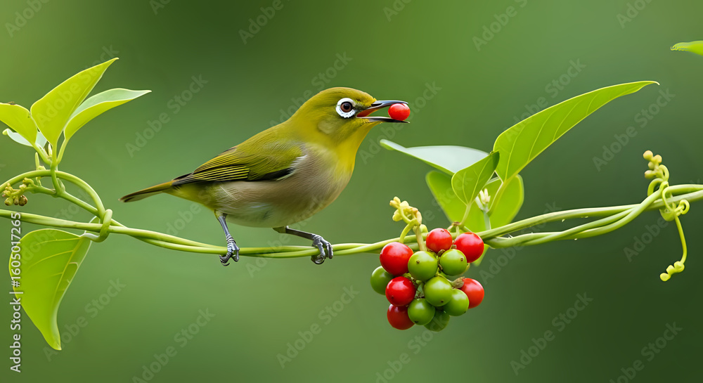 Obraz premium A small bird with white eye ring perched on a vine eating a red berry in a vibrant green background