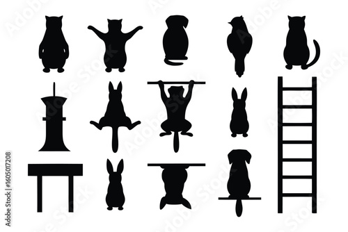 Collection of black silhouette dog toys including balls bones rings and chew toys on a white background