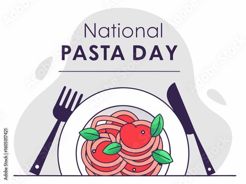 Celebrating National Pasta Day with a Delicious Plate of Spaghetti and Tomato Sauce with Basil Leaves Illustration