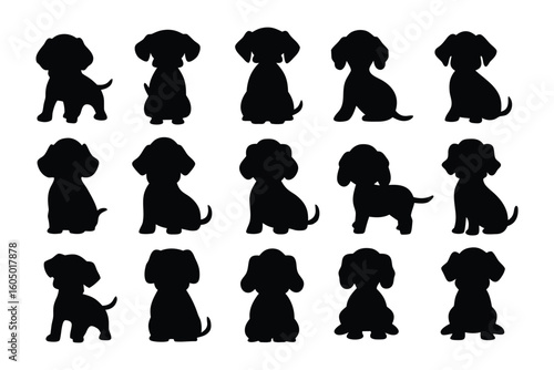 Collection of silhouetted domestic animals including rabbits and dogs in various poses and styles