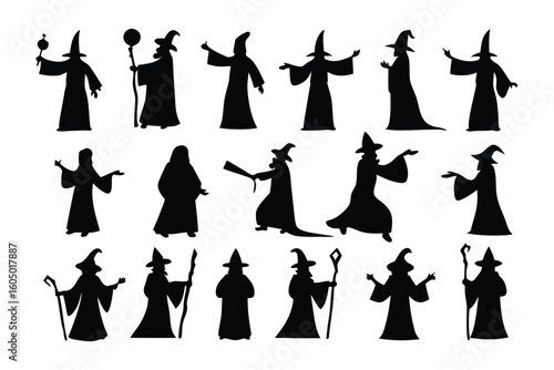 Six spooky silhouettes of friendly cartoon ghosts with wide eyes and grinning mouths in a halloween themed illustration