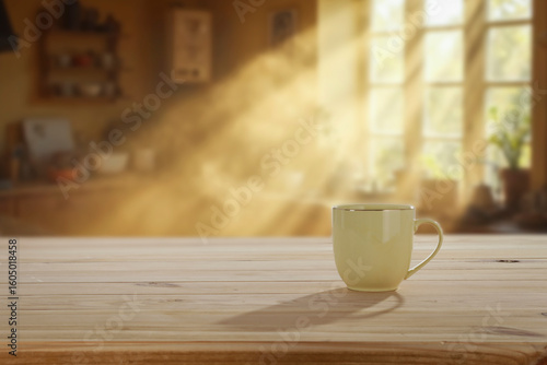 Cup on wooden table in bright kitchen interior with natural sunlight streaming through the window. Soft, cozy atmosphere, welcoming home space for placing a product or food display.