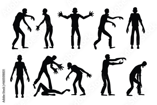 Collection of silhouetted angels in various poses holding swords and shields against a white background