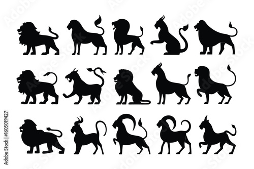 Collection of six distinct black silhouette illustrations of demonic figures with horns wings and tridents in various dynamic poses