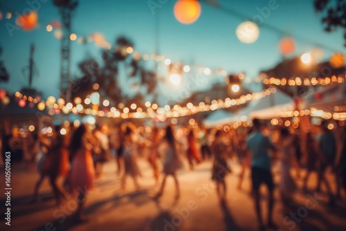 Outdoor music festival with dancing crowds under string lights, showcasing colorful evening attire. Perfect backdrop for events or parties. Vintage filter enhances the atmosphere.
