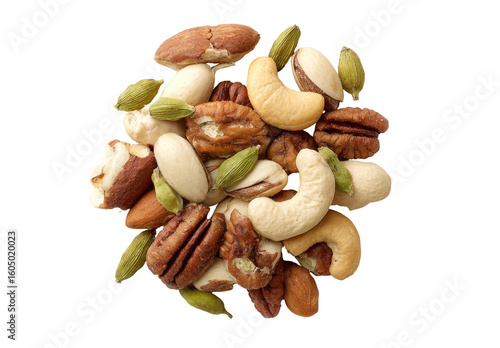 Assorted nuts and seeds, a top-down close-up view of a mix of nuts including pecans, cashews, almonds, walnuts, and pistachios, with some green cardamom pods interspersed
