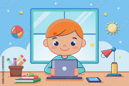 Chłopiec uczący się w domu na laptopie. Koncepcja e-learningu, nauki zdalnej i odrabiania pracy domowej.