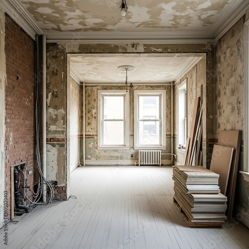 Interior of a room undergoing renovation.