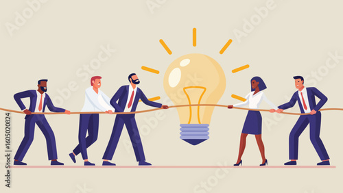 Team pulling rope with light bulb symbolizing idea competition and teamwork

