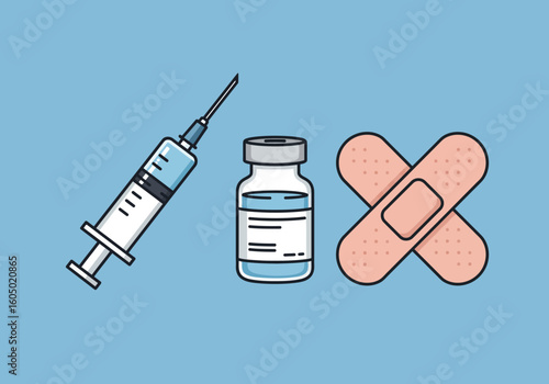 Medical Syringe Vaccine Vial and Adhesive Bandage Illustration.